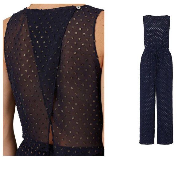 Small - Maison de Papillon - Navy Gold Swiss Dot Jumpsuit Rent the Runway $395 - Picture 9 of 11